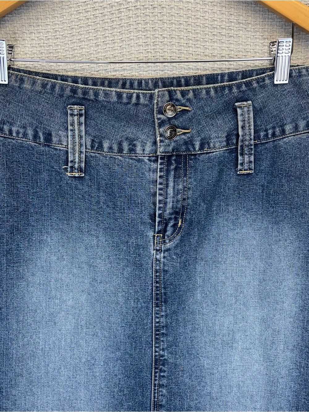 Squeeze Stephen Hardy Skirt 7/8 Blue Denim Long Maxi Button Fly Side Slit Y2K - Picture 2 of 8